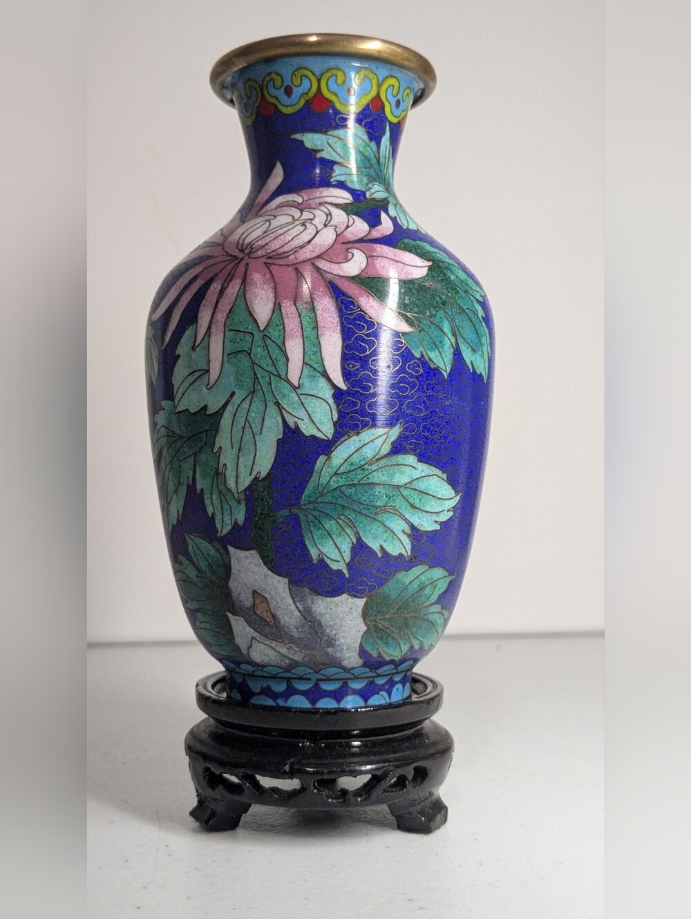 Small Vintage Cloisonné Vase, Blue with Pink Florals, Wood Stand